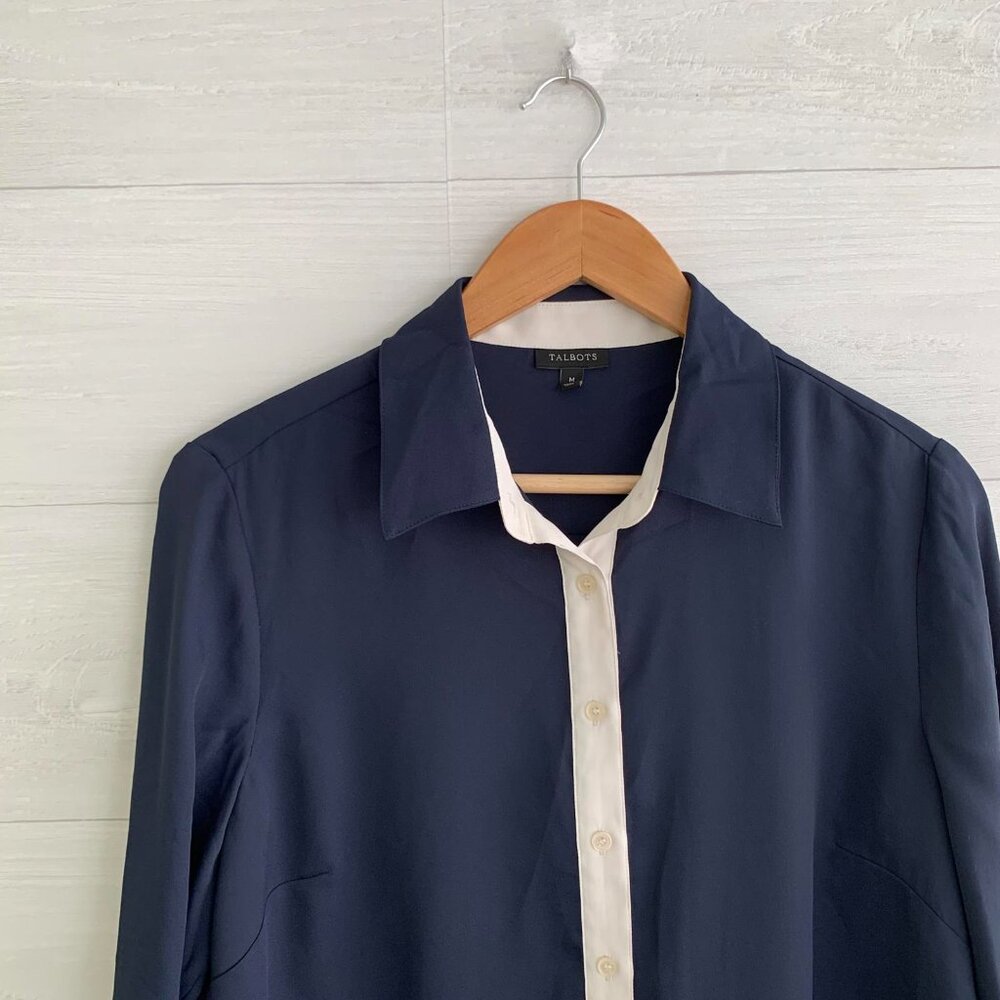 Talbots - Navy Blue Partial Button Tunic Roll Tab… - image 2